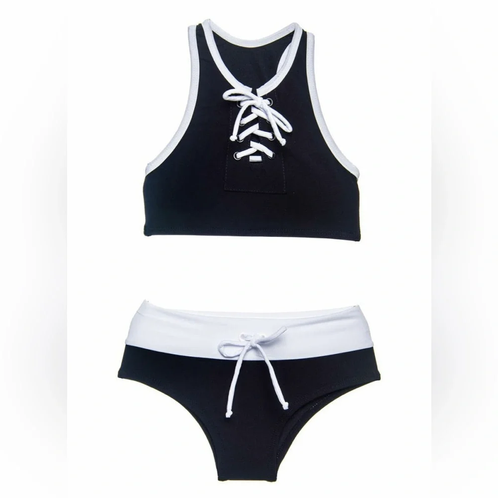 Submarine Black and White Girls Swimsuit 2pc Tankini Lace-up sz 6‎ Fits 4/5